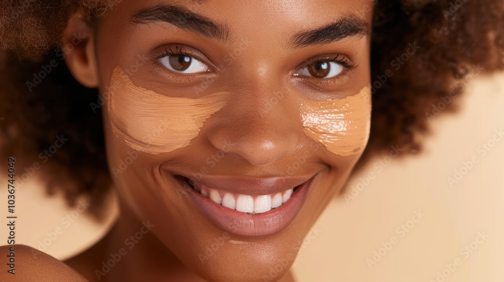 Portrait of a woman testing foundation for skin tone and contour, showcasing skincare and beauty products in a studio setting Portrait of a woman testing foundation for skin tone and contour, showcasing skincare and beauty products in a studio setting