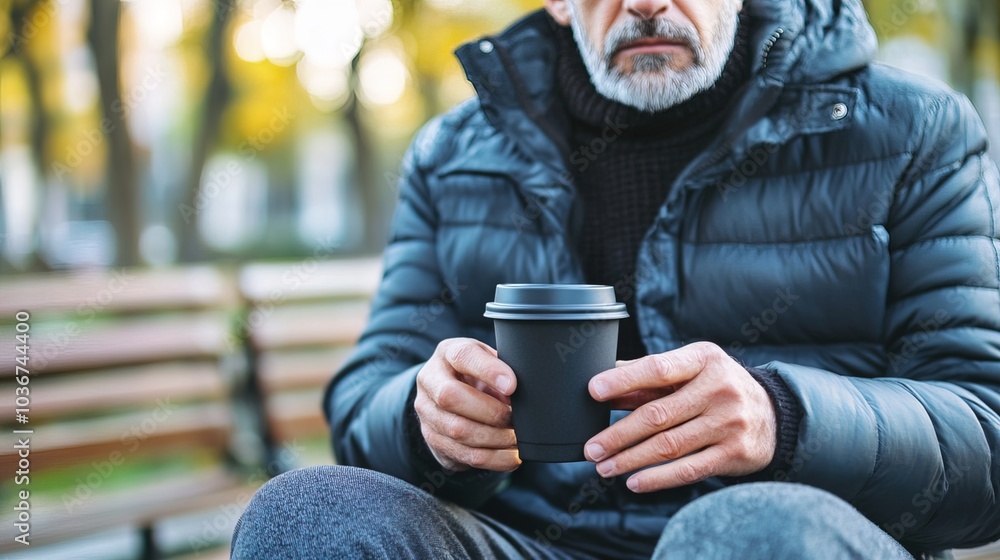 Middle-aged man with slight tremor holding cup of coffee on park bench, symbolizing struggle with Parkinson's disease, calm natural setting. Middle-aged man with slight tremor holding cup of coffee on park bench, symbolizing struggle with Parkinson's disease, calm natural setting.