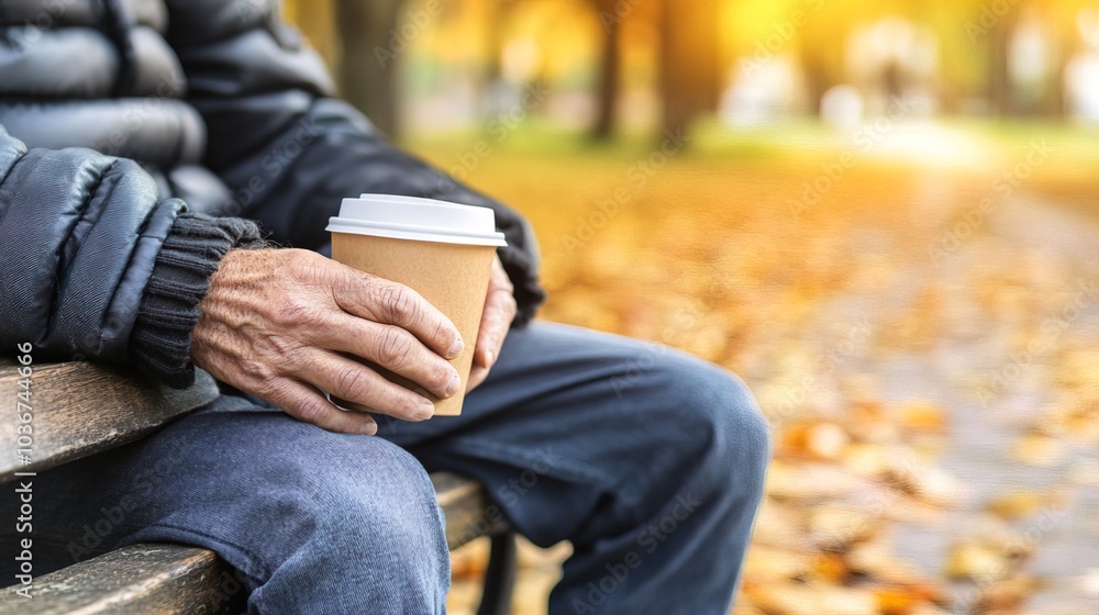 Middle-aged man with slight tremor holding cup of coffee on park bench, symbolizing struggle with Parkinson's disease, calm natural setting. Middle-aged man with slight tremor holding cup of coffee on park bench, symbolizing struggle with Parkinson's disease, calm natural setting.