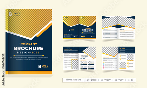 Corporate Brochure creative design. Multipurpose template, including cover, back, and inside pages. Trendy minimalist flat geometric design. A4 format.