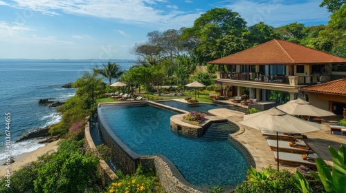 Unwind at a luxurious resort, surrounded by lush gardens, infinity pools