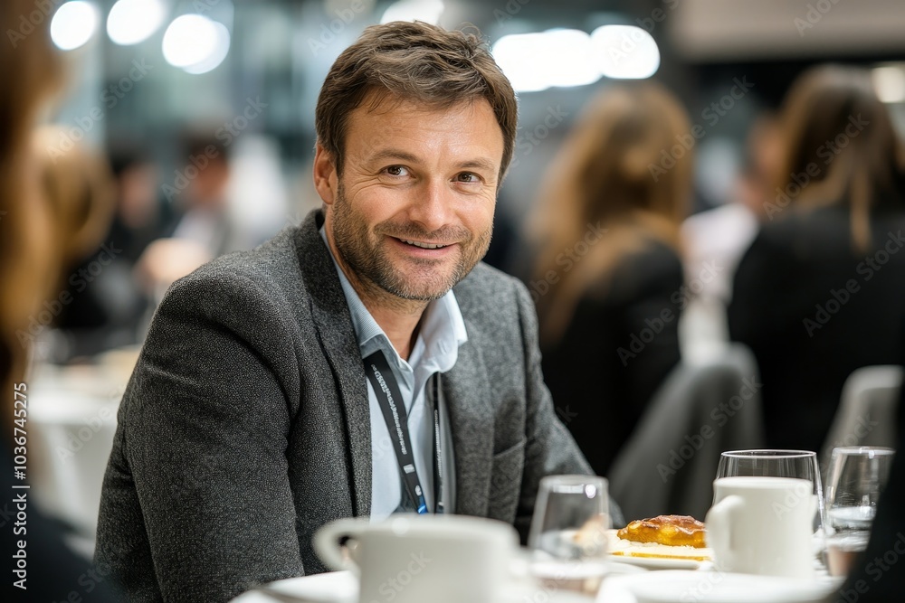 Successful business man taking part in a networking event at a conference venue, Generative AI Successful business man taking part in a networking event at a conference venue, Generative AI