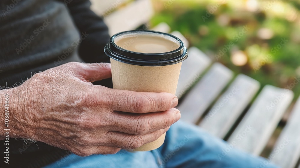 Middle-aged man with slight tremor holding cup of coffee on park bench, symbolizing struggle with Parkinson's disease, calm natural setting. Middle-aged man with slight tremor holding cup of coffee on park bench, symbolizing struggle with Parkinson's disease, calm natural setting.