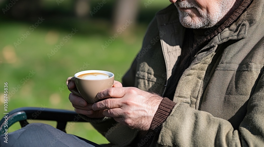 Middle-aged man with slight tremor holding cup of coffee on park bench, symbolizing struggle with Parkinson's disease, calm natural setting. Middle-aged man with slight tremor holding cup of coffee on park bench, symbolizing struggle with Parkinson's disease, calm natural setting.