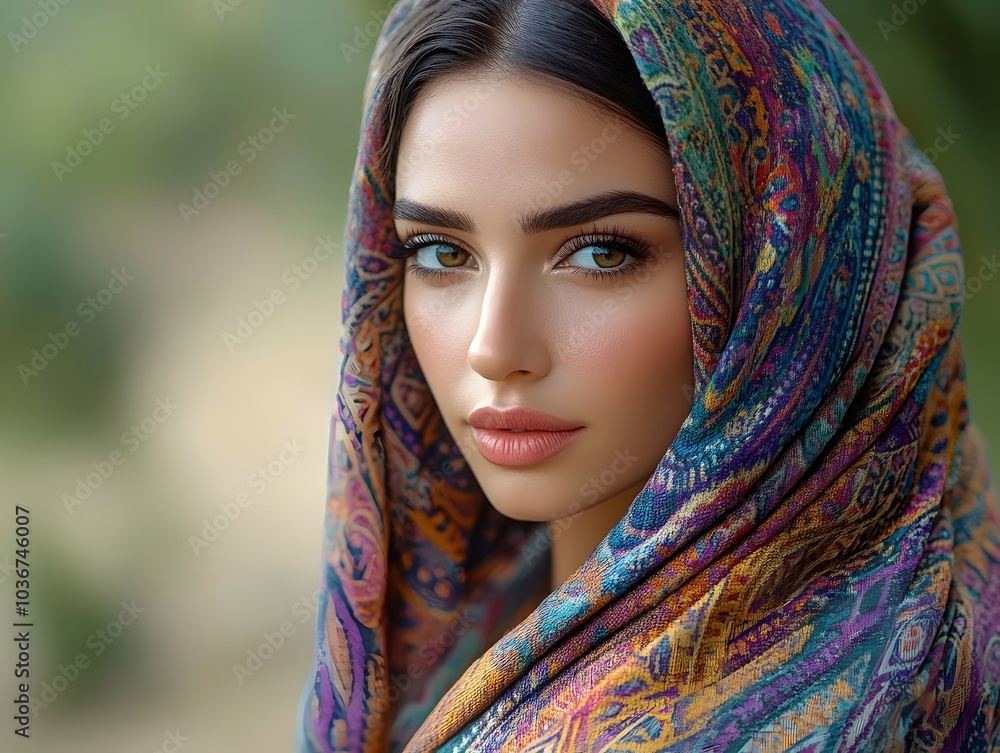 A portrait of a young Middle-Eastern woman draped in a colorful patterned scarf, showcasing her striking features and captivating gaze against a soft, blurred background. A portrait of a young Middle-Eastern woman draped in a colorful patterned scarf, showcasing her striking features and captivating gaze against a soft, blurred background.