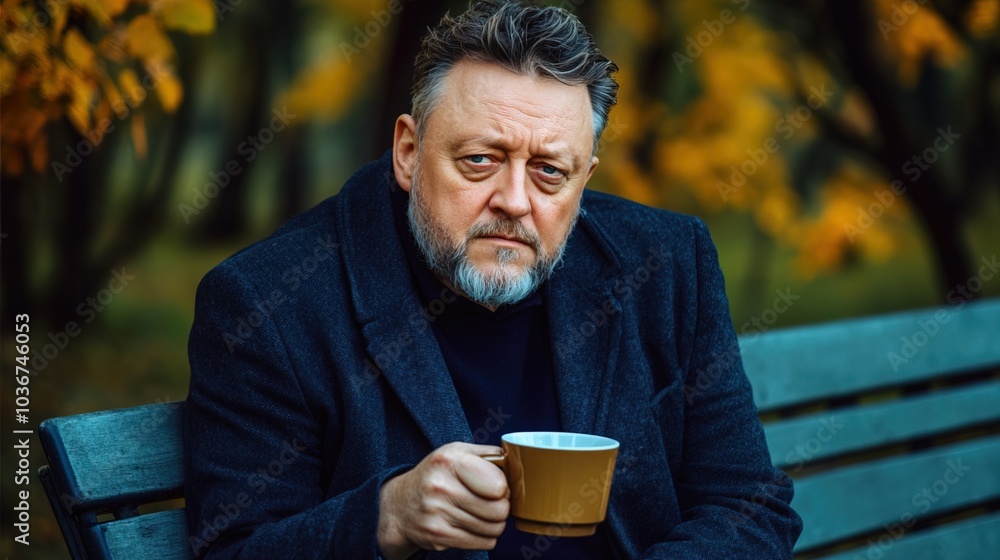 Middle-aged man with slight tremor holding cup of coffee on park bench, symbolizing struggle with Parkinson's disease, calm natural setting. Middle-aged man with slight tremor holding cup of coffee on park bench, symbolizing struggle with Parkinson's disease, calm natural setting.
