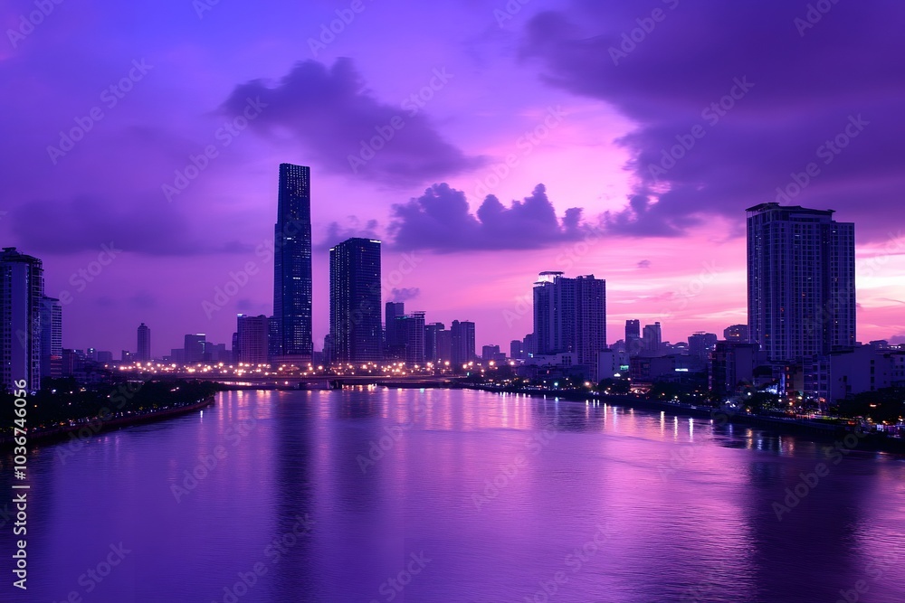 Fototapeta premium Skyscrapers Reflecting in a Purple-Tinted River at Sunset