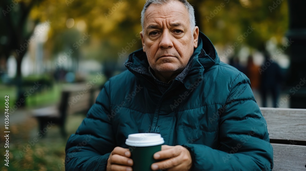 Middle-aged man with slight tremor holding cup of coffee on park bench, symbolizing struggle with Parkinson's disease, calm natural setting. Middle-aged man with slight tremor holding cup of coffee on park bench, symbolizing struggle with Parkinson's disease, calm natural setting.
