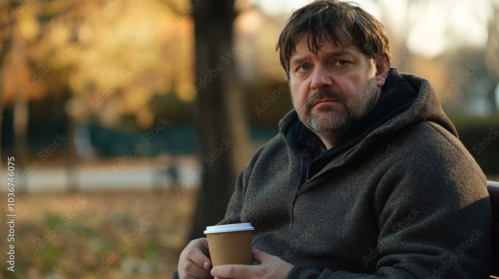 Middle-aged man with slight tremor holding cup of coffee on park bench, symbolizing struggle with Parkinson's disease, calm natural setting. Middle-aged man with slight tremor holding cup of coffee on park bench, symbolizing struggle with Parkinson's disease, calm natural setting.