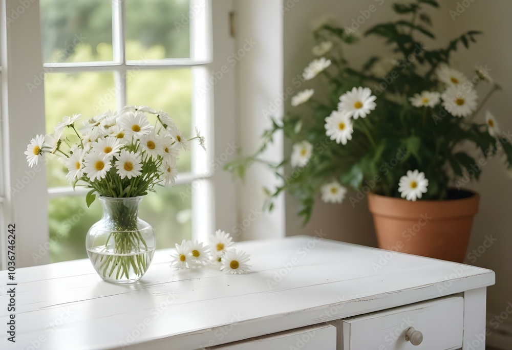 Daisy flower in the beautiful vase on the light white wood table with vintage background in the living room french style bright light from the window