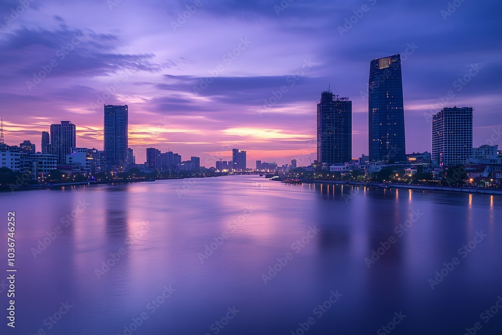 Fototapeta premium City Skyline with Purple Sky and Calm River at Sunset