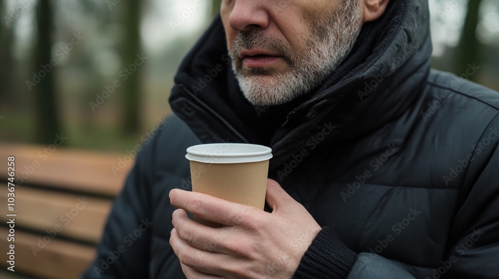 Middle-aged man with slight tremor holding cup of coffee on park bench, symbolizing struggle with Parkinson's disease, calm natural setting. Middle-aged man with slight tremor holding cup of coffee on park bench, symbolizing struggle with Parkinson's disease, calm natural setting.