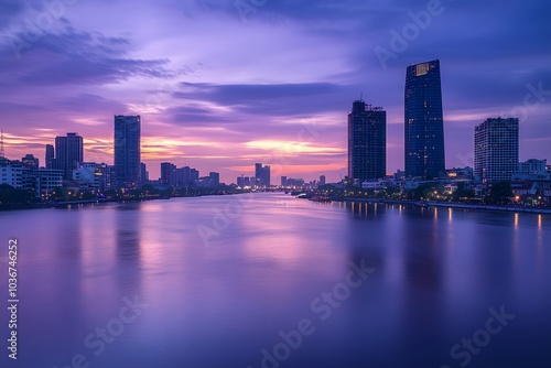 City Skyline with Purple Sky and Calm River at Sunset