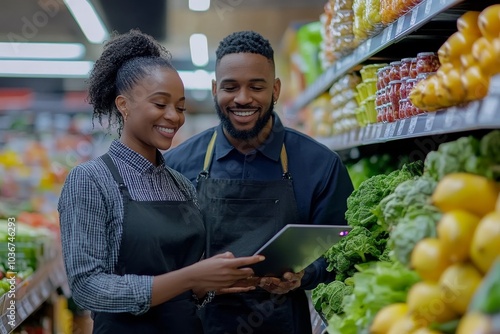 Wallpaper Mural Happy grocery store supervisor using a digital tablet with her employee, Generative AI Torontodigital.ca