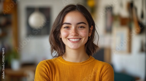 Smiling young woman standing in a studio, Generative AI