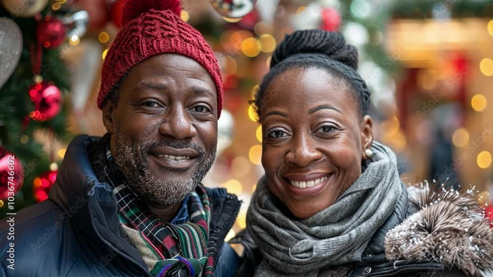 Joyful couple stands together in a holiday marketplace filled with cheerful decorations, sharing smiles and enjoying the festive atmosphere. Joyful couple stands together in a holiday marketplace filled with cheerful decorations, sharing smiles and enjoying the festive atmosphere.