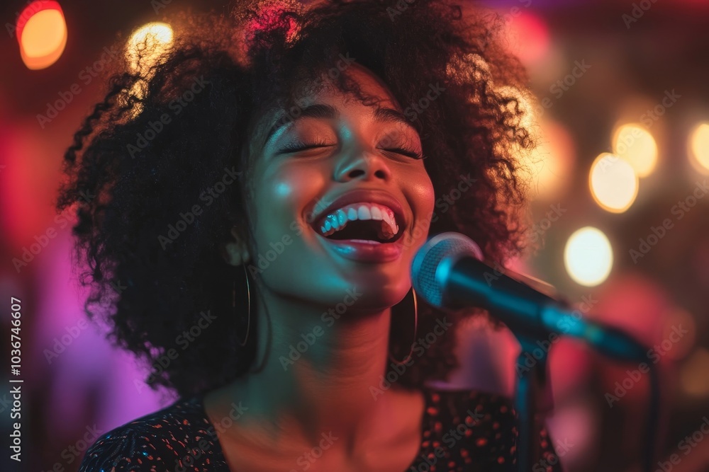 Woman singing her heart out on karaoke night, Generative AI Woman singing her heart out on karaoke night, Generative AI
