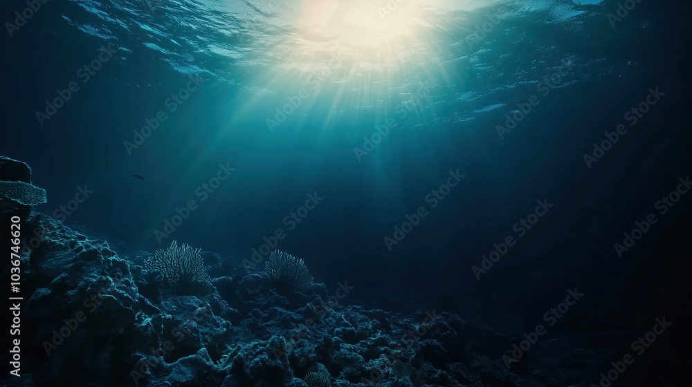 A serene underwater view featuring dark blue ocean water with soft light rays filtering through, bubbles rising towards the surface, and a mysterious deep-sea atmosphere. This immersive scene captures A serene underwater view featuring dark blue ocean water with soft light rays filtering through, bubbles rising towards the surface, and a mysterious deep-sea atmosphere. This immersive scene captures
