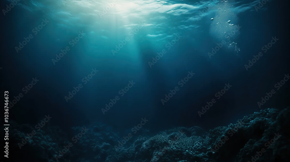 A serene underwater view featuring dark blue ocean water with soft light rays filtering through, bubbles rising towards the surface, and a mysterious deep-sea atmosphere. This immersive scene captures A serene underwater view featuring dark blue ocean water with soft light rays filtering through, bubbles rising towards the surface, and a mysterious deep-sea atmosphere. This immersive scene captures