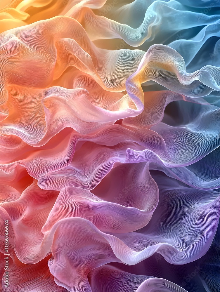 Obraz premium A vibrant swirl of colorful silky fabric, blending hues of orange, pink, lavender, and blue, creating a soft, fluid texture that evokes serenity and creativity.