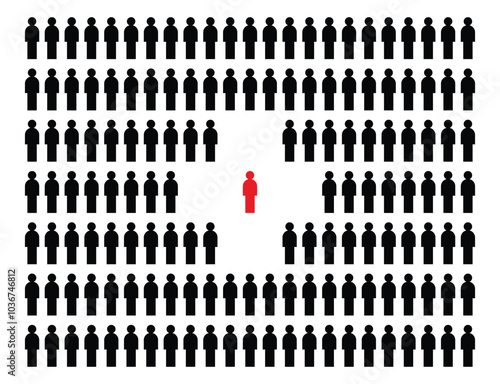 A unique individual stands out. One red person stands out from the mass of people. A special member of society.
