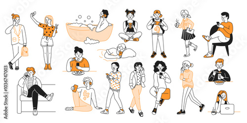 Young adults using smartphones in various situations color line vector icons set. Youth and mobile technology characters illustrations