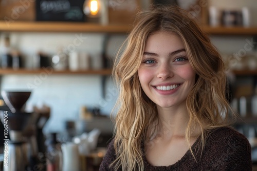 Free Download Smiling woman using cafe wifi, Generative AI - GFXLoad