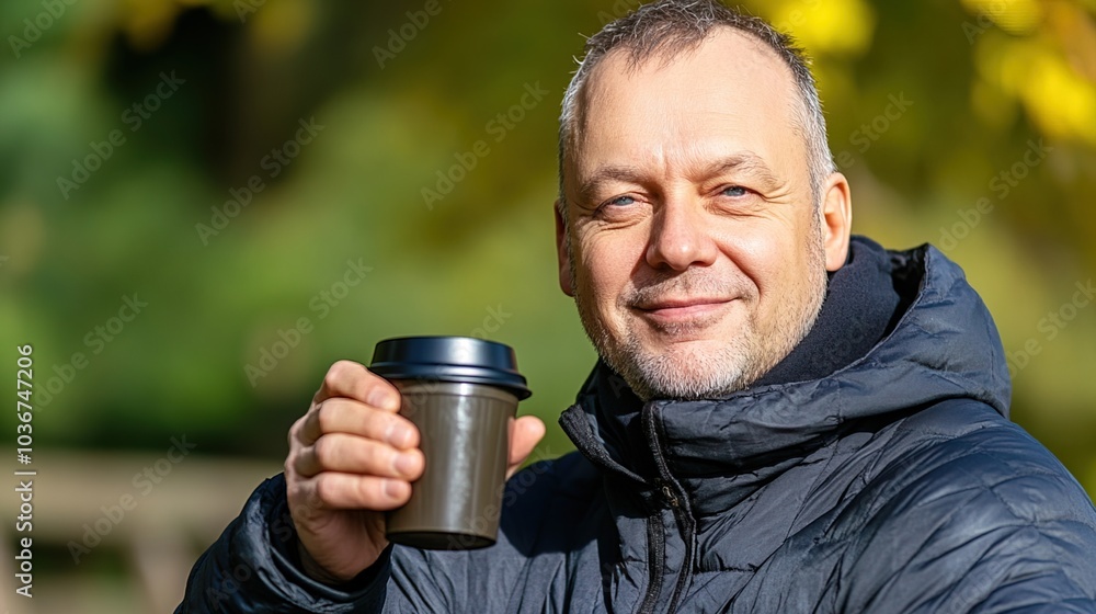 Middle-aged man with slight tremor holding cup of coffee on park bench, symbolizing struggle with Parkinson's disease, calm natural setting. Middle-aged man with slight tremor holding cup of coffee on park bench, symbolizing struggle with Parkinson's disease, calm natural setting.