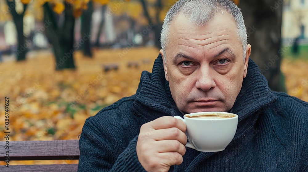 Middle-aged man with slight tremor holding cup of coffee on park bench, symbolizing struggle with Parkinson's disease, calm natural setting. Middle-aged man with slight tremor holding cup of coffee on park bench, symbolizing struggle with Parkinson's disease, calm natural setting.