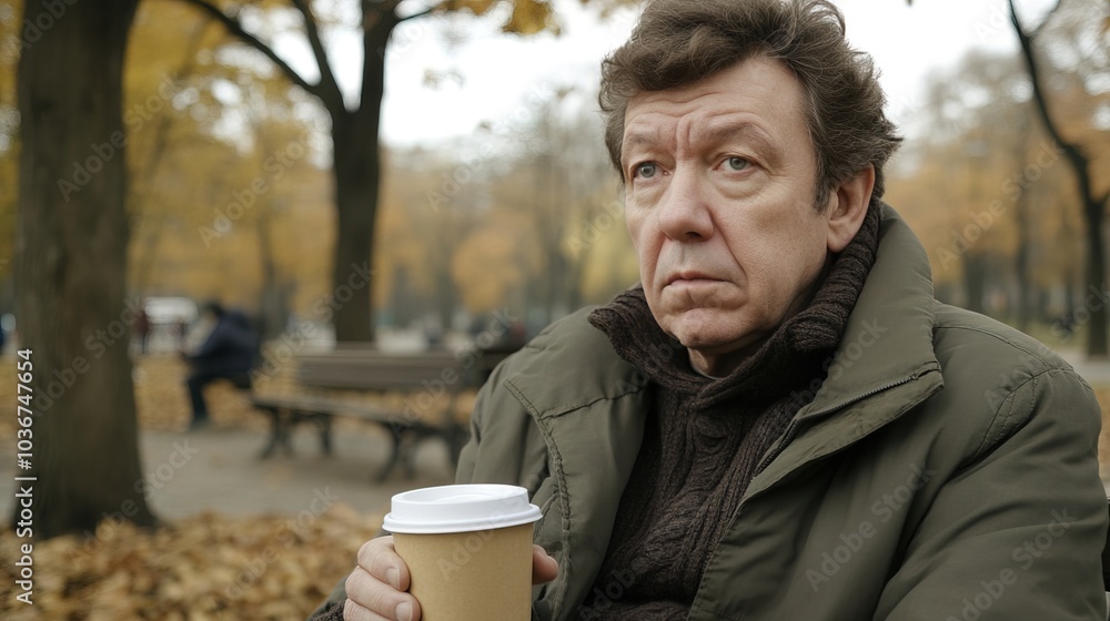 Middle-aged man with slight tremor holding cup of coffee on park bench, symbolizing struggle with Parkinson's disease, calm natural setting. Middle-aged man with slight tremor holding cup of coffee on park bench, symbolizing struggle with Parkinson's disease, calm natural setting.