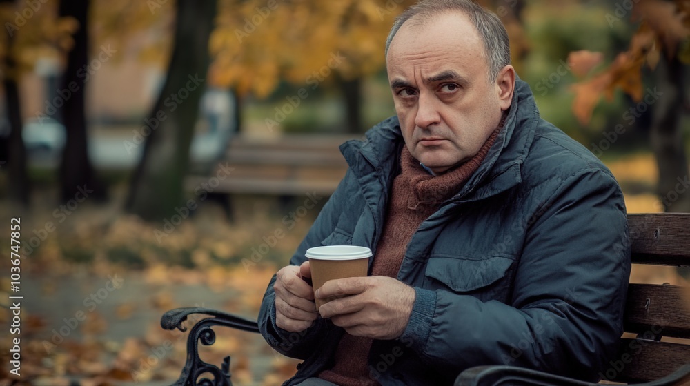 Middle-aged man with slight tremor holding cup of coffee on park bench, symbolizing struggle with Parkinson's disease, calm natural setting. Middle-aged man with slight tremor holding cup of coffee on park bench, symbolizing struggle with Parkinson's disease, calm natural setting.