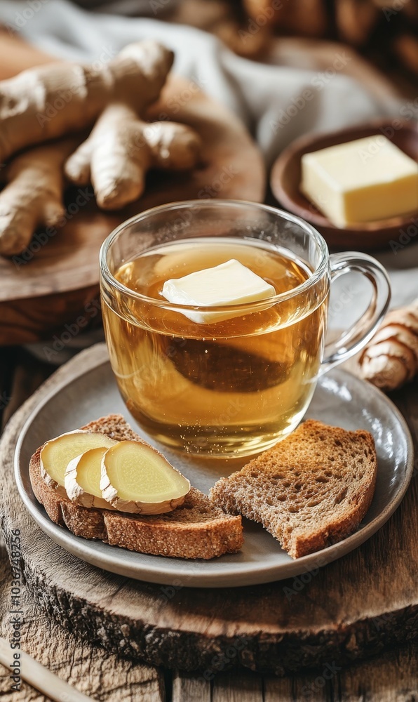 Ginger tea with butter and toast. Ginger tea with butter and toast.