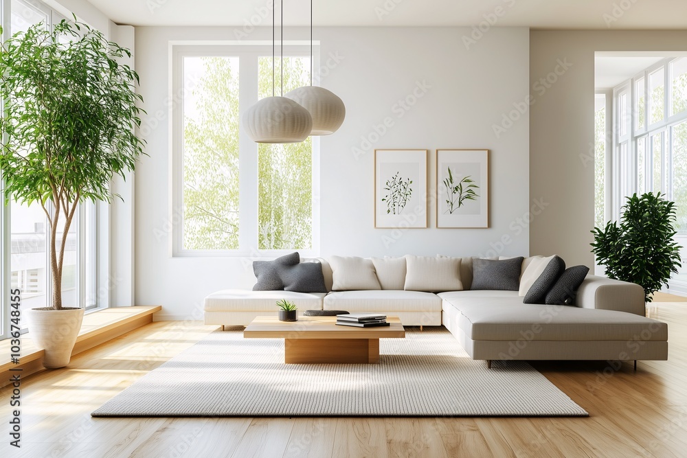 Fototapeta premium Capture a spacious living room with a neutral color