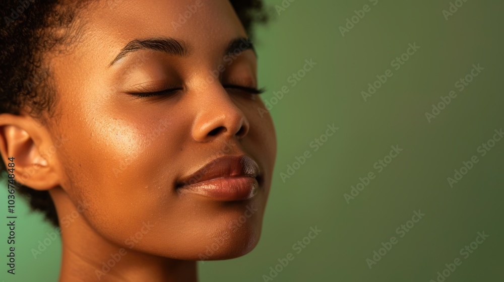 Close-up of a woman with eyes closed in a studio setting against a green background. Focus on skincare, makeup, and wellness highlighting her natural beauty and healthy skin Close-up of a woman with eyes closed in a studio setting against a green background. Focus on skincare, makeup, and wellness highlighting her natural beauty and healthy skin