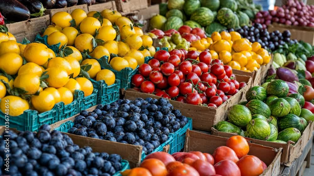 A vibrant market stall displays fresh produce, including lemons, blueberries, and tomatoes A vibrant market stall displays fresh produce, including lemons, blueberries, and tomatoes