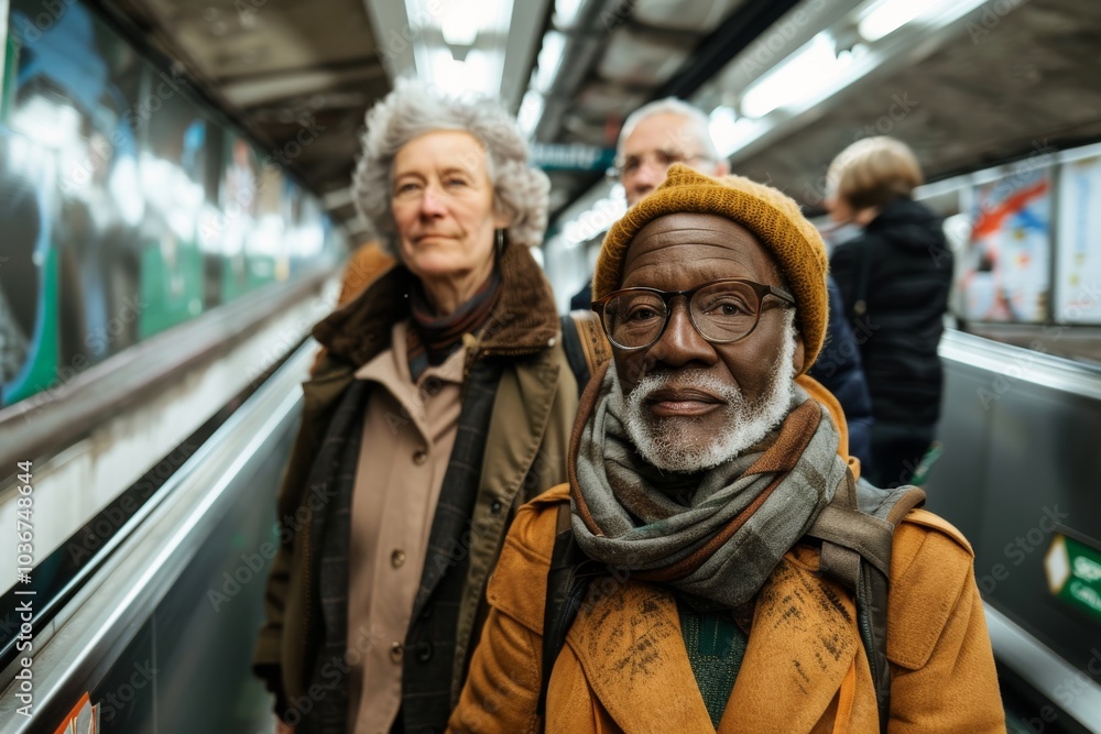Portrait of a senior couple in a subway station, looking at the camera. Portrait of a senior couple in a subway station, looking at the camera.