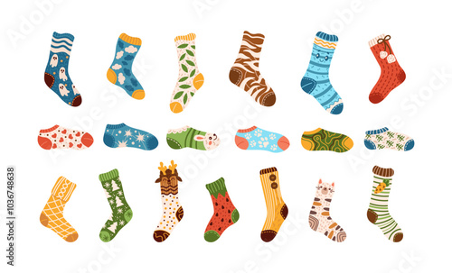 Variety of colorful knitted socks with fun designs flat color vector objects set. Accessories of winter wardrobe illustrations pack on white