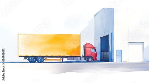 Red truck with yellow trailer at warehouse dock photo