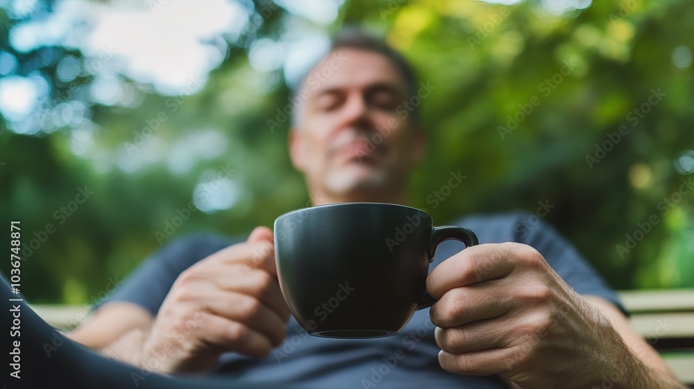 Middle-aged man with slight tremor holding cup of coffee on park bench, symbolizing struggle with Parkinson's disease, calm natural setting. Middle-aged man with slight tremor holding cup of coffee on park bench, symbolizing struggle with Parkinson's disease, calm natural setting.