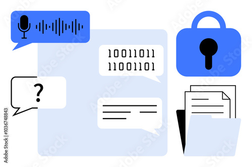 Modern design showing various elements such as speech bubbles, lock icon, binary code, files, and audio waveform. Ideal for cybersecurity, data encryption, digital communication, privacy protection