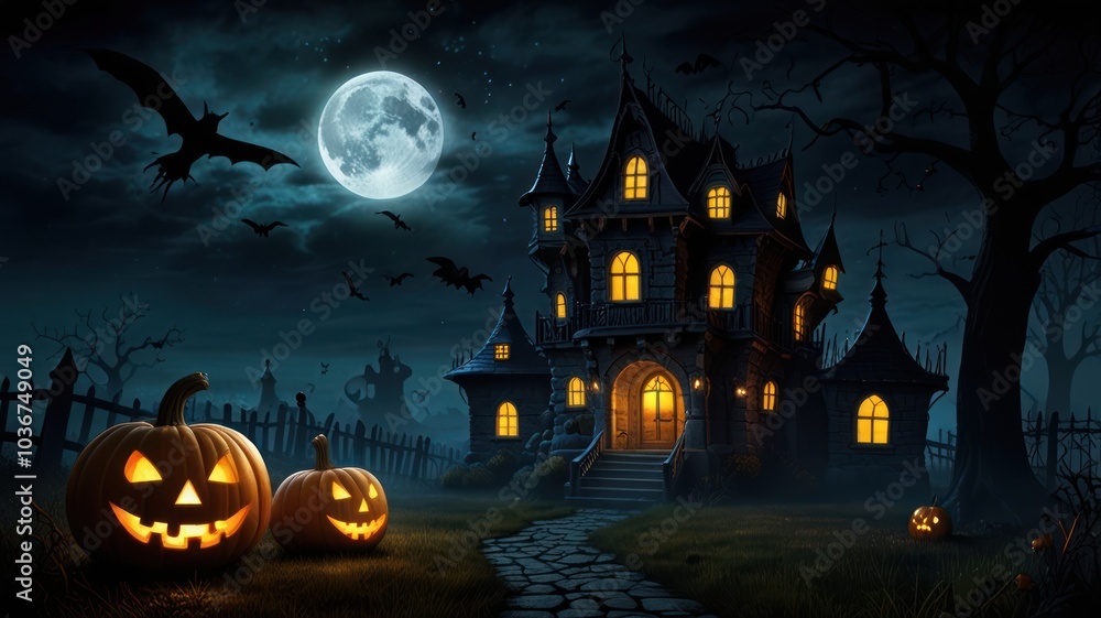 A spooky haunted house with pumpkins in front of it under a full moon and bats flying in the night sky. A spooky haunted house with pumpkins in front of it under a full moon and bats flying in the night sky.