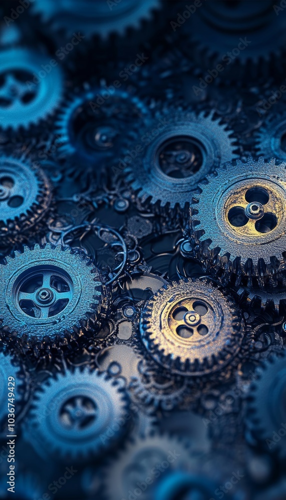 Blue Steel Gears, Abstract Industrial Background, Teamwork, Engineering, Mechanics, Technology Blue Steel Gears, Abstract Industrial Background, Teamwork, Engineering, Mechanics, Technology