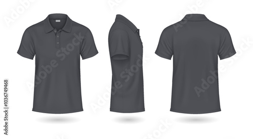 Polo shirts of charcoal grey color mockup realistic vector illustrations set. Casual style for men template 3d model on white background