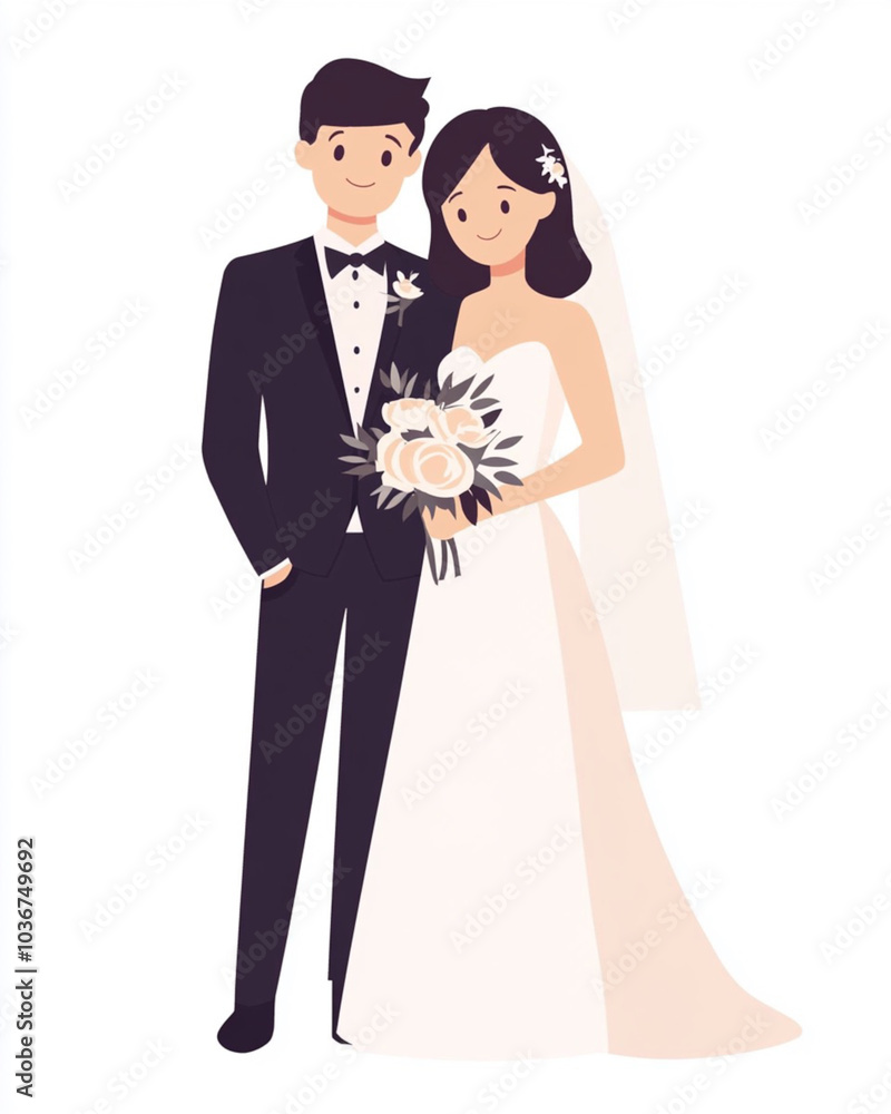 Happy and loving bride and groom on their wedding day. Wedding illustration isolated on a white background.