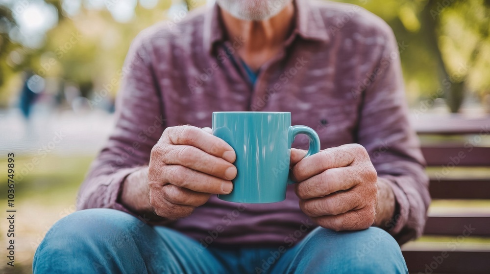 Middle-aged man with slight tremor holding cup of coffee on park bench, symbolizing struggle with Parkinson's disease, calm natural setting. Middle-aged man with slight tremor holding cup of coffee on park bench, symbolizing struggle with Parkinson's disease, calm natural setting.