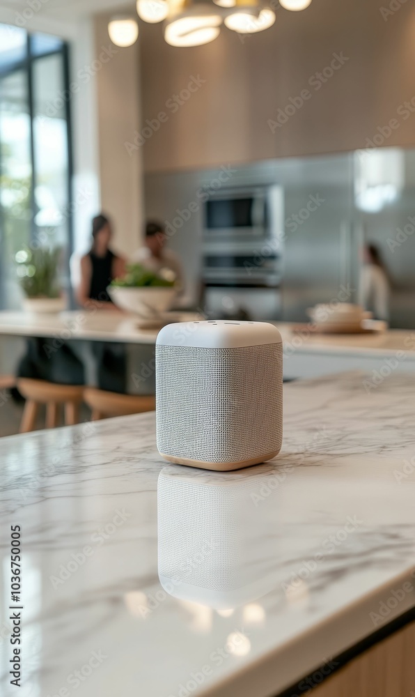 Naklejka premium White speaker on marble countertop in kitchen.