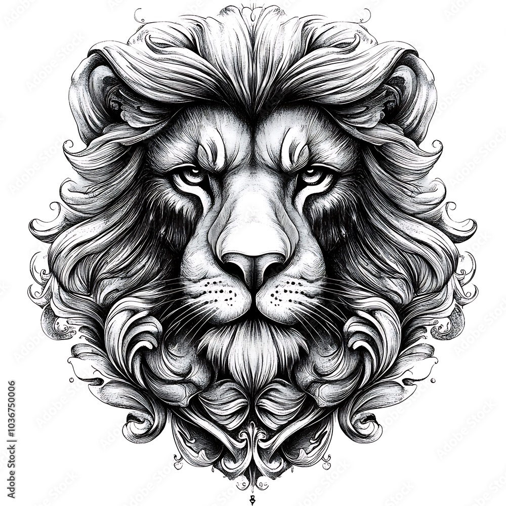 Detailed line art illustration of a lion's face with intricate floral details around the head. Detailed line art illustration of a lion's face with intricate floral details around the head.
