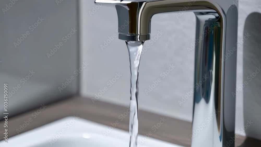 Refreshing flow of water from modern chrome faucet in bathroom Refreshing flow of water from modern chrome faucet in bathroom