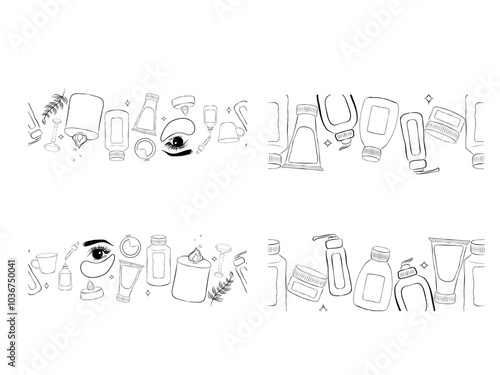 Cosmetics containers and tubes for make up seamless vector border set. Skin care products in cute hand drawn textured packages. Organic eco beauty products.
