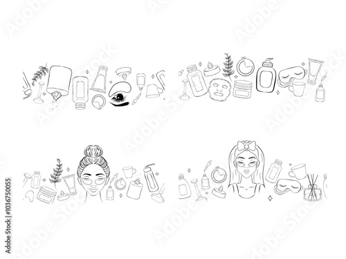 skin care bottles and tools seamless border set.  Isolated vector illustration for your design
